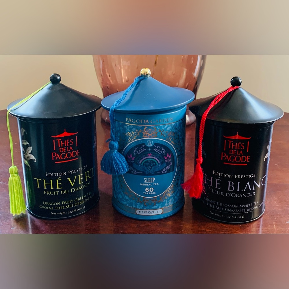 Lot of Three Metal Pagoda Tea Tins